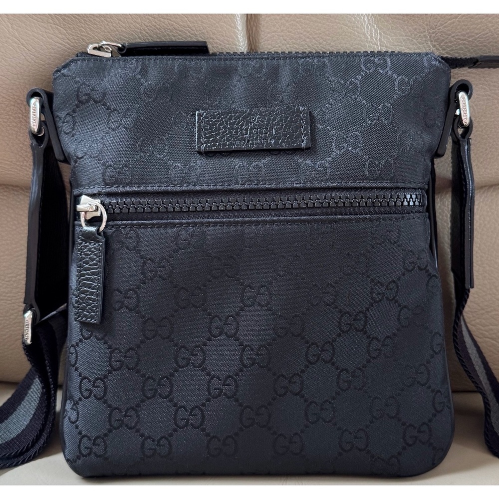 Authentic Gucci Web Black Monogram Nylon Pocket Messenger Crossbody Bag